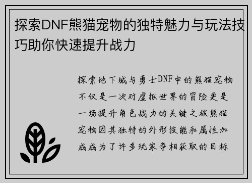 探索DNF熊猫宠物的独特魅力与玩法技巧助你快速提升战力